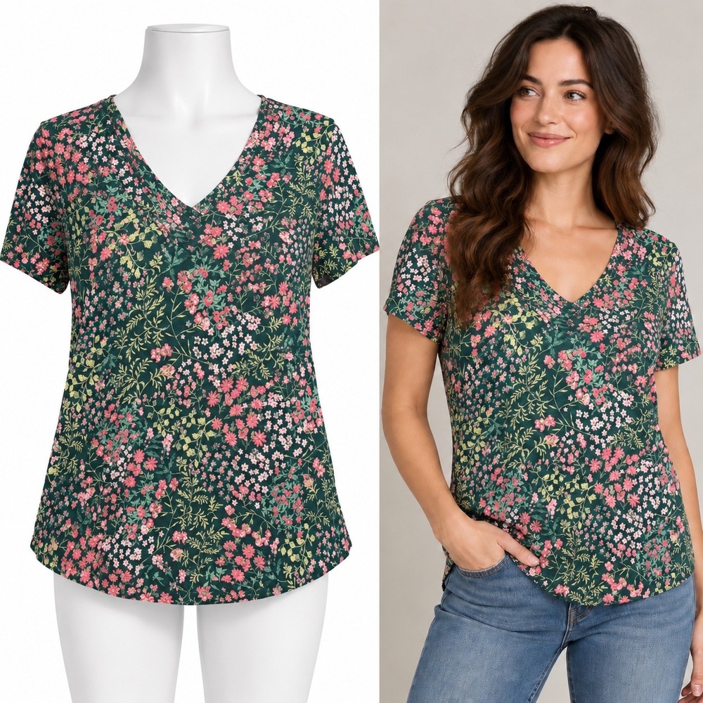 LOFT Floral V-Neck T-Shirt Womens Size M Green Pink Short Sleeve Cotton Tee NWT
